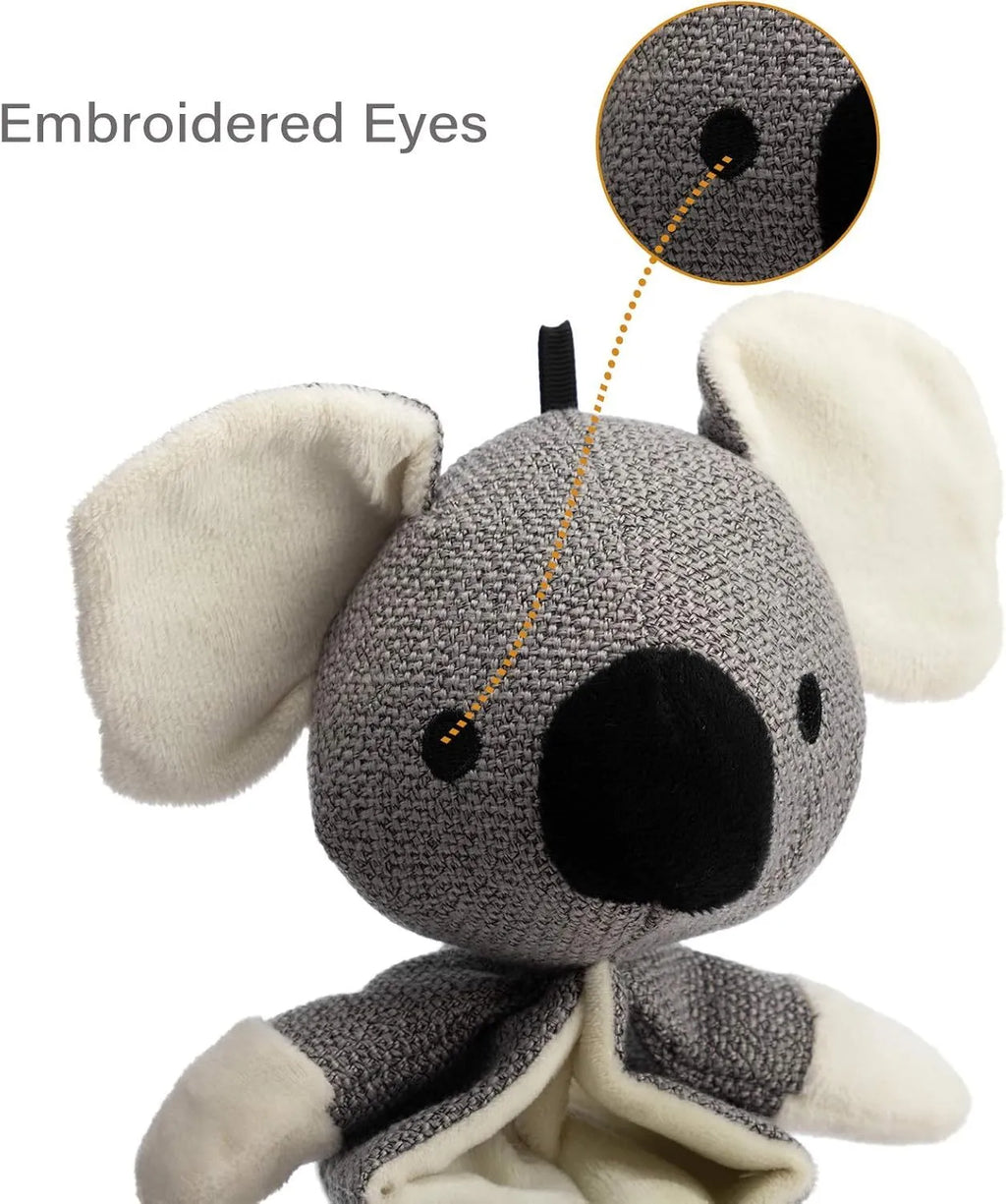 Grey koala plush dog toy measuring 30cm with visible stitching and plush limbs.