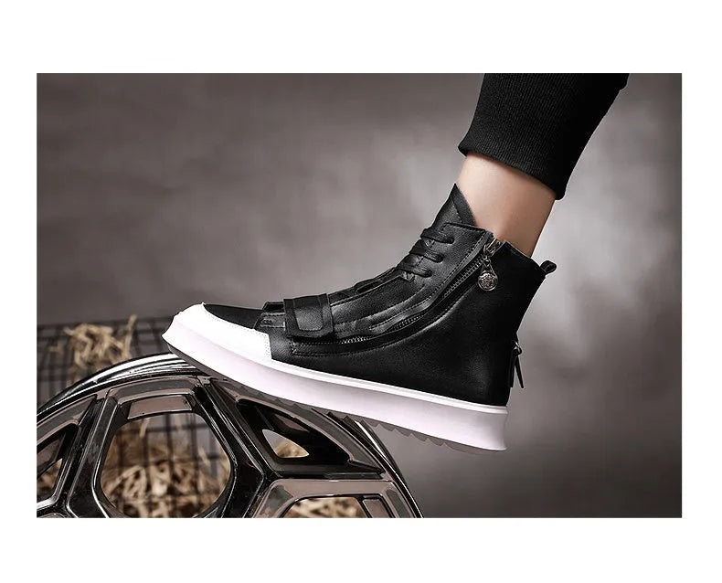 Men's black PU leather ankle boots in high-top sneaker style with microfiber construction