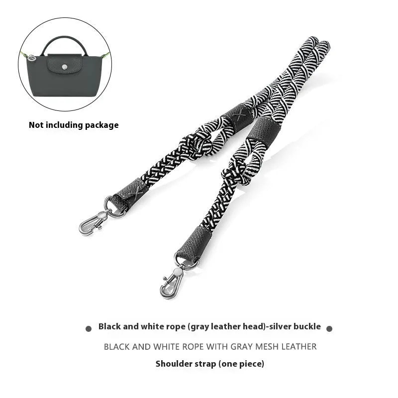 Braided nylon and cowhide leather crossbody strap with alloy buckle in gold or silver finish