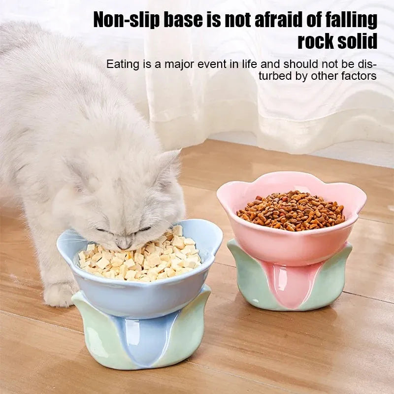 Blue floral patterned ceramic pet bowl with elevated design and non-slip base for cats and small dogs
