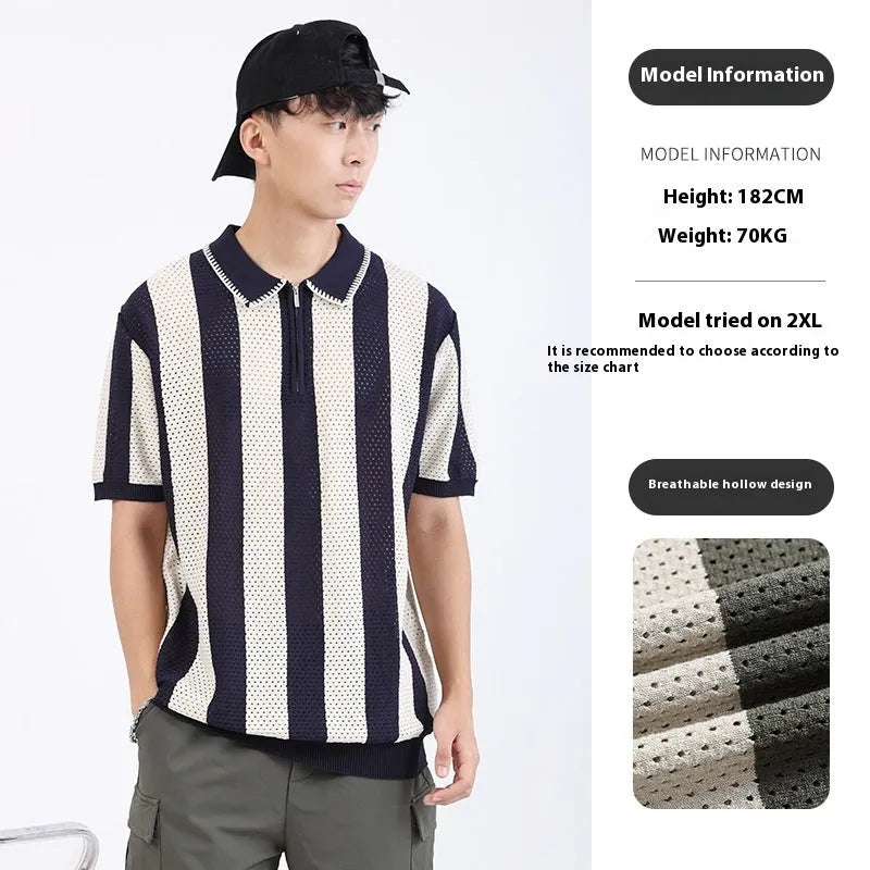Men's striped ice silk short sleeve summer sweater with zip detail in multiple colour options