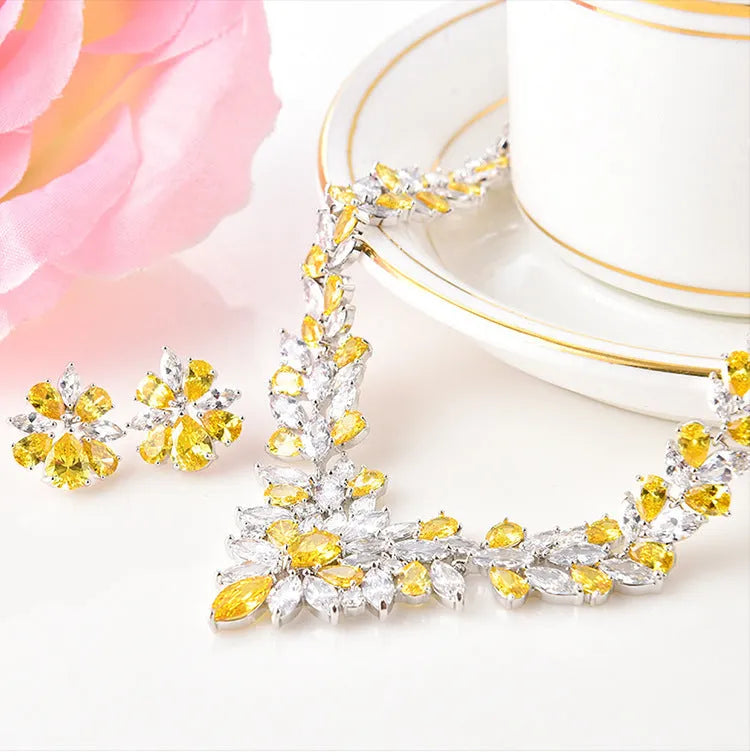 Ice flower earrings and necklace set, Korean style, copper and zircon, gold electroplated, flower design