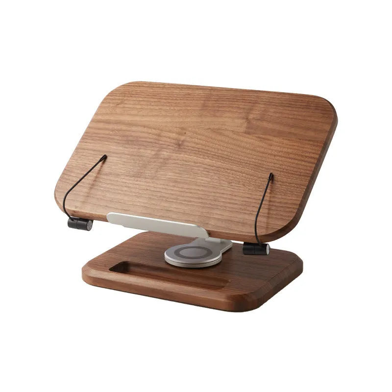 Walnut-coloured solid wood reading rack with an adjustable angle, holding a book.