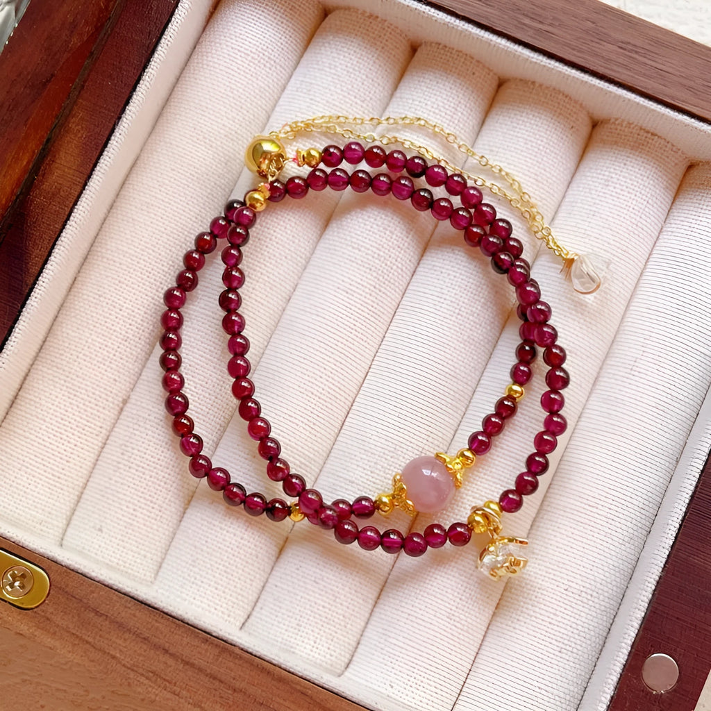 Natural garnet double ring bracelet on women's wrist, manual craft, H311 colour