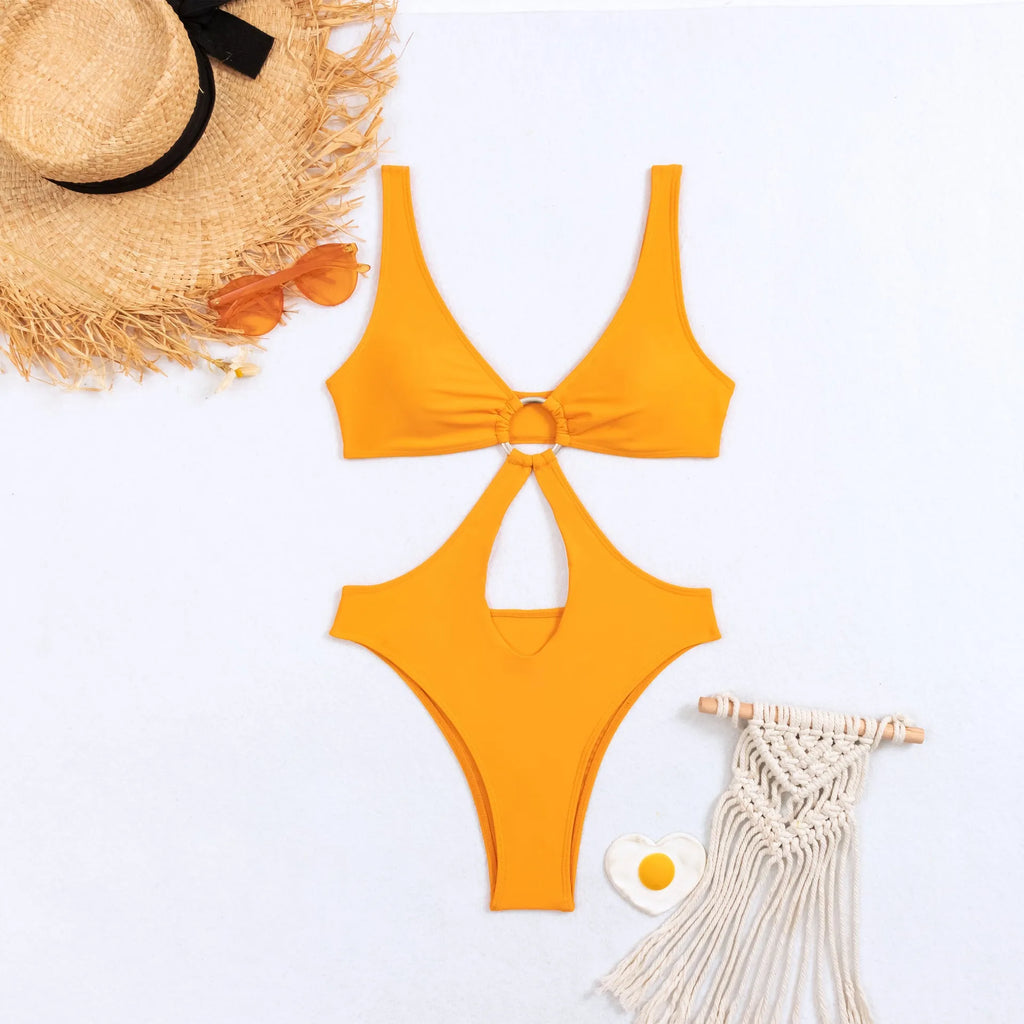 Women's black triangle one-piece sleeveless swimsuit made from nylon fabric.