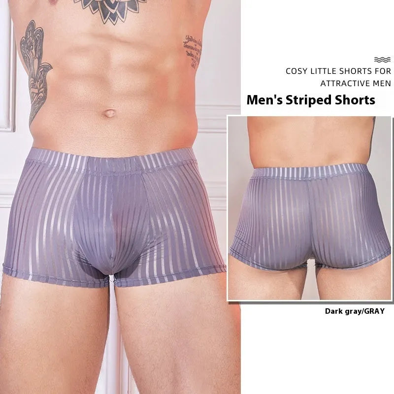 Men's striped thin transparent nylon underwear in black, dark grey and white colours