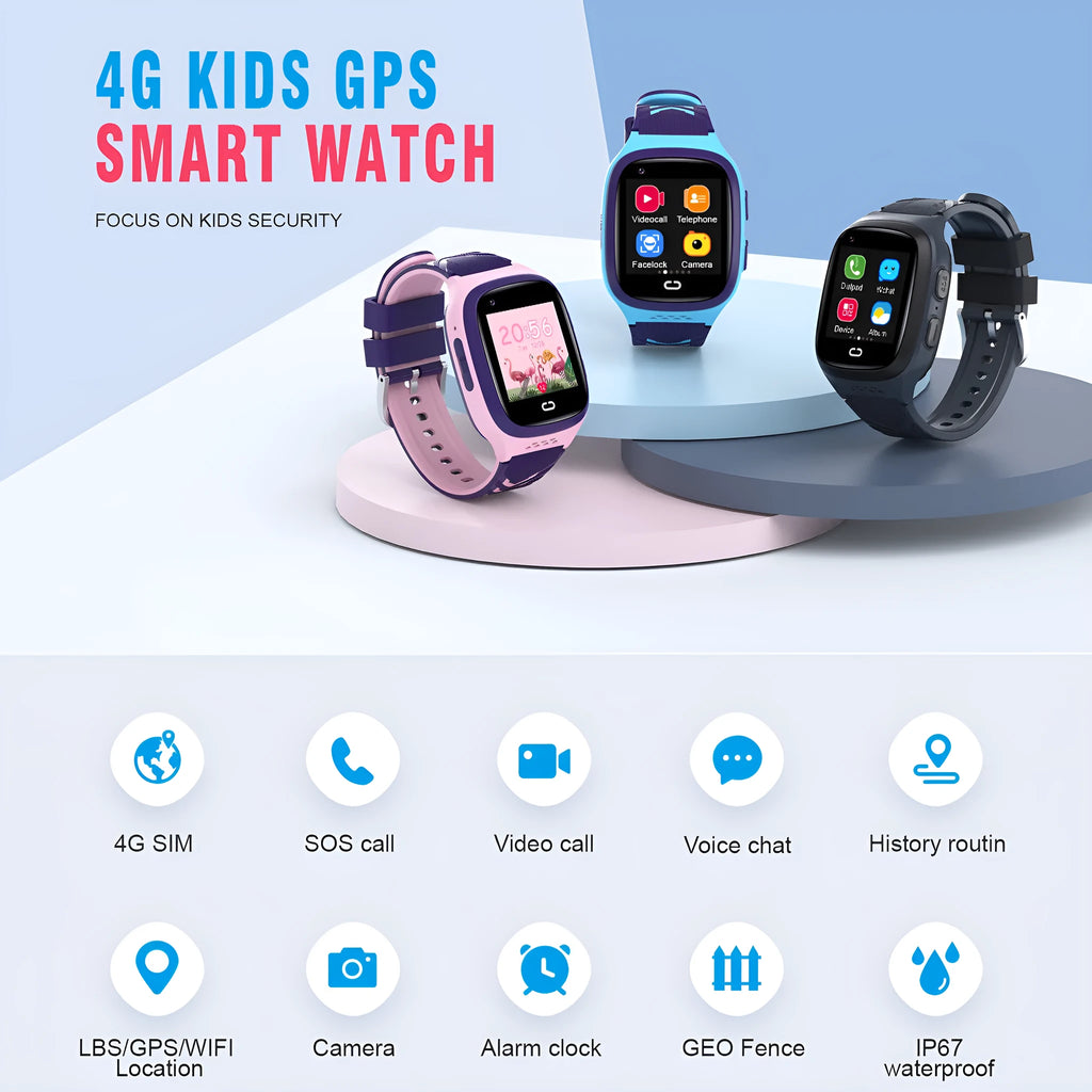 4G children's GPS smart watch with video call and SOS, ABS body, 1.4-inch touch screen, black colour on wrist