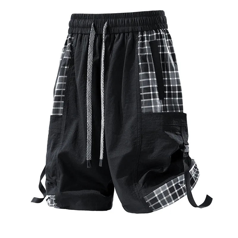 Men's loose fit cargo shorts with plaid stitching detail in polyester micro-elastic fabric