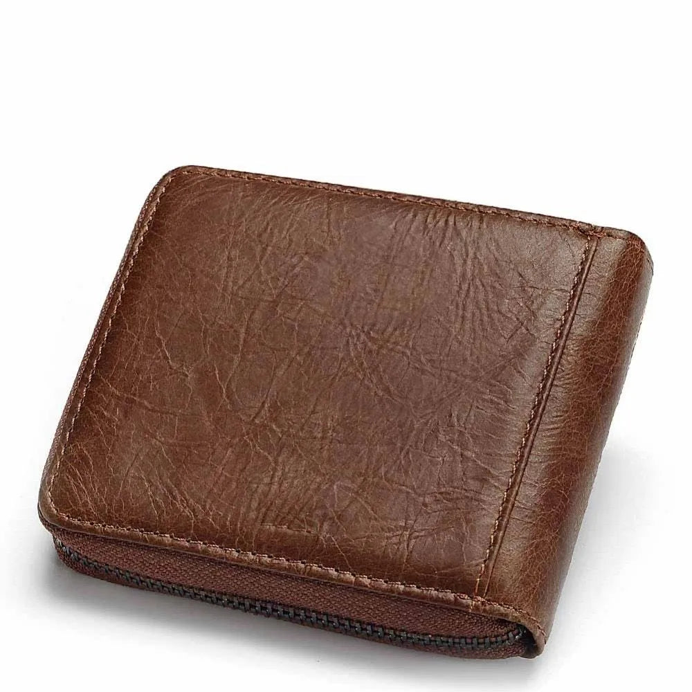 Men's coffee-coloured soft leather wallet with vintage locomotive pattern and horizontal design