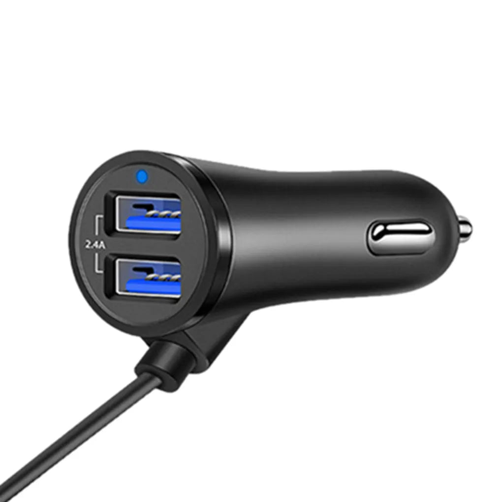 Black plastic fast charge car charger with QC3.0 and dual USB ports, blue LED on charger and white on extender