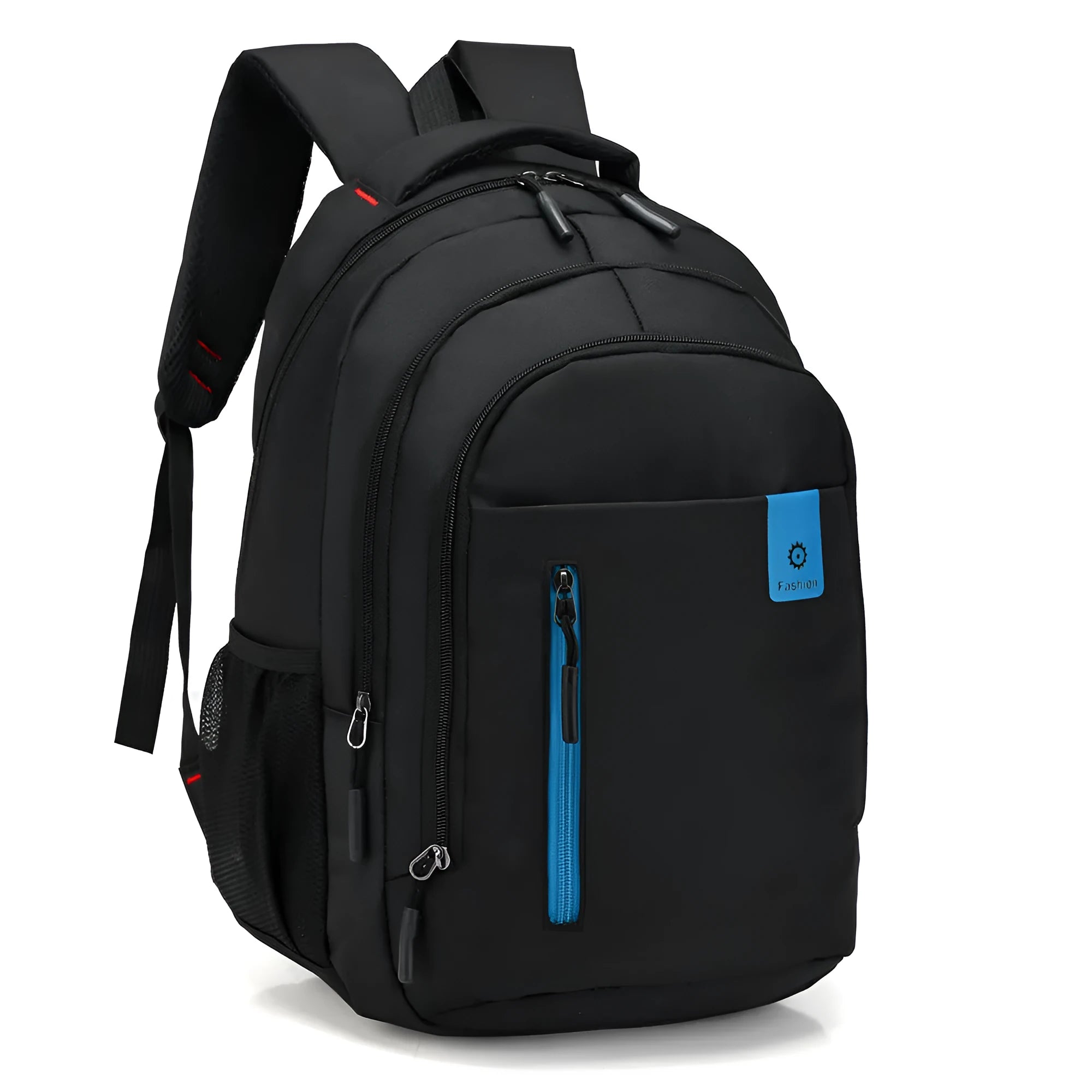 Blue lightweight Oxford fabric backpack for teenagers with side zip pockets and padded straps.