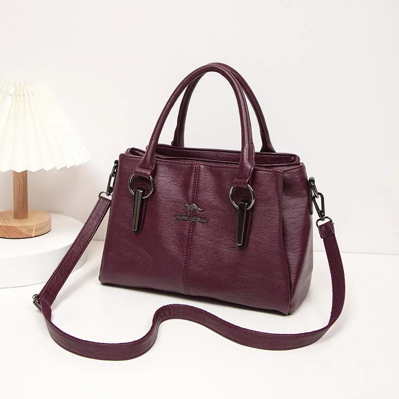 Women's large capacity crossbody soft leather bag in PU material, horizontal square shape, with sandwich zipper pocket, available in multiple colours