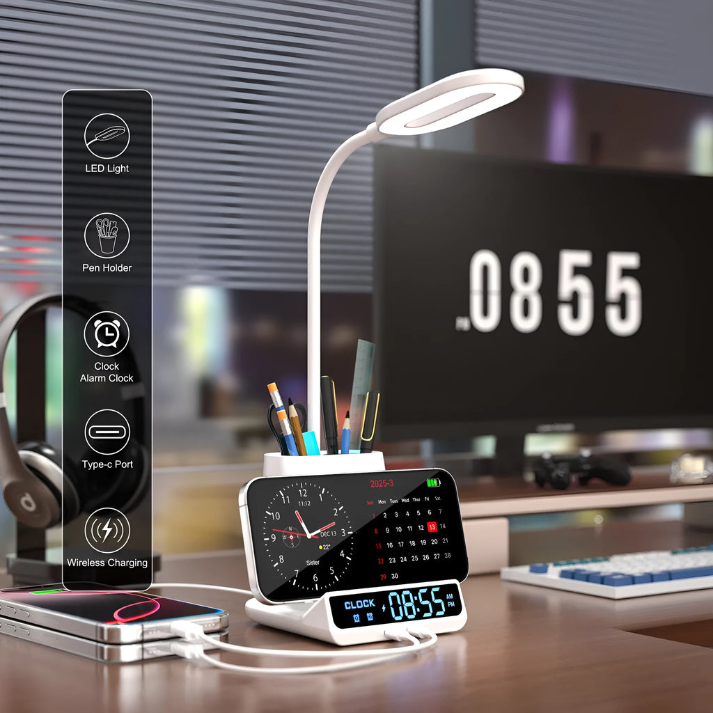Modern desk lamp with wireless charging pad, pen holder compartments, and storage box