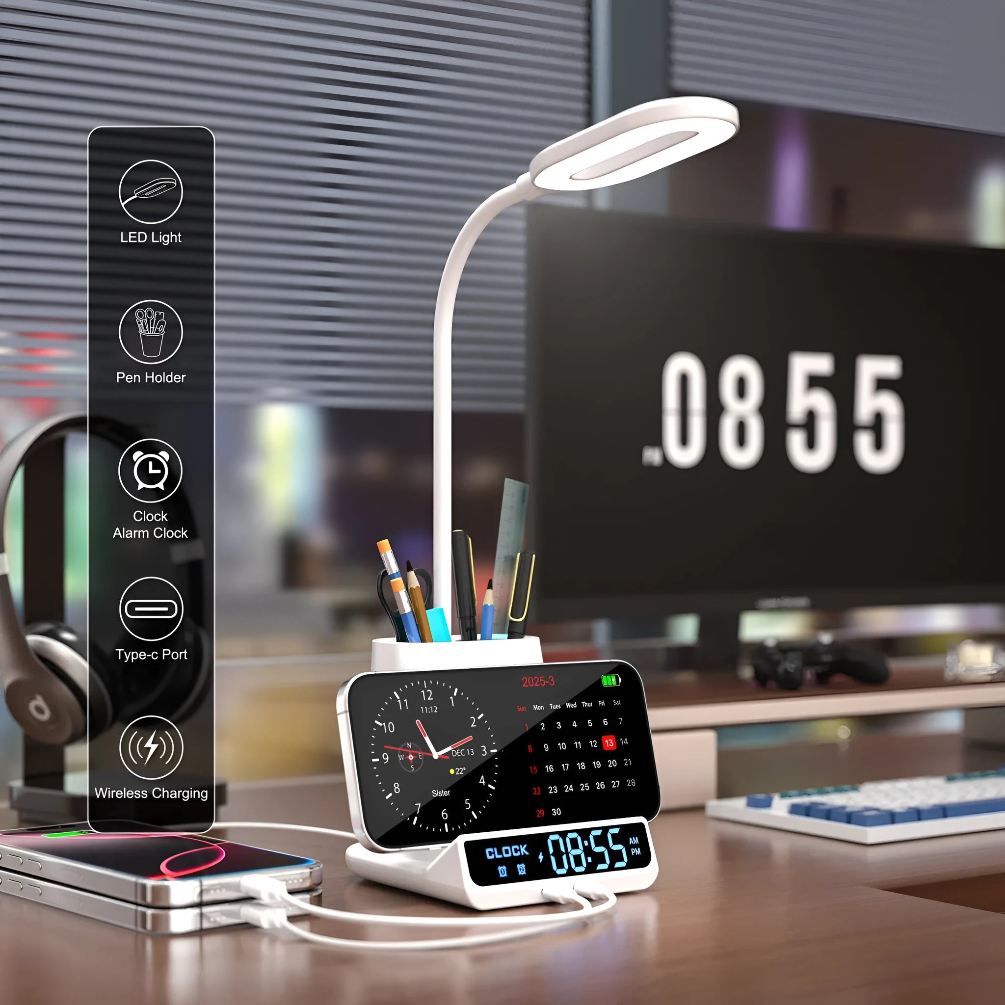 Modern desk lamp with wireless charging pad, pen holder compartments, and storage box