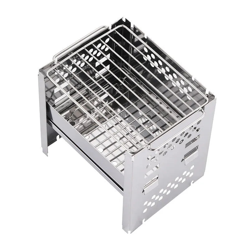 Portable outdoor stainless steel dual-use barbecue grill and firewood stove for camping with removable parts