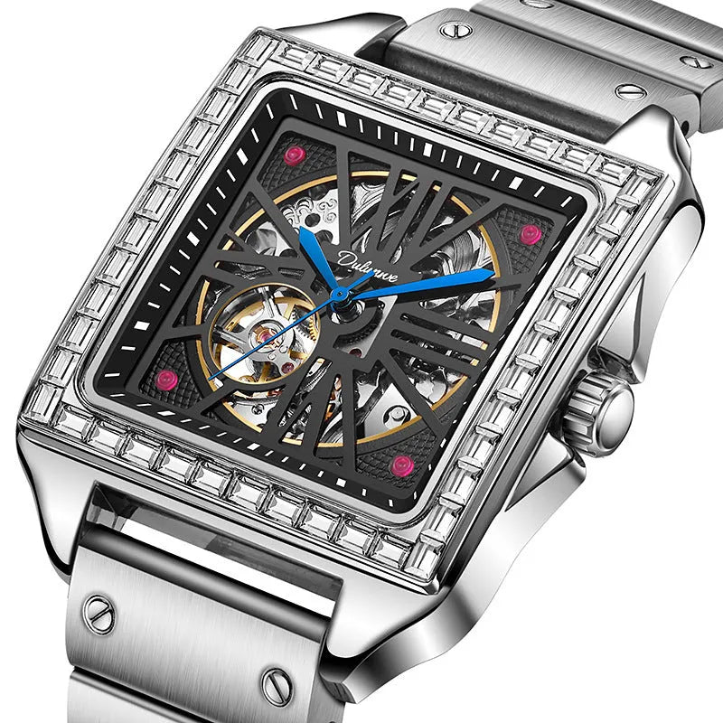 Men's square automatic watch with diamond-studded bezel on black leather strap