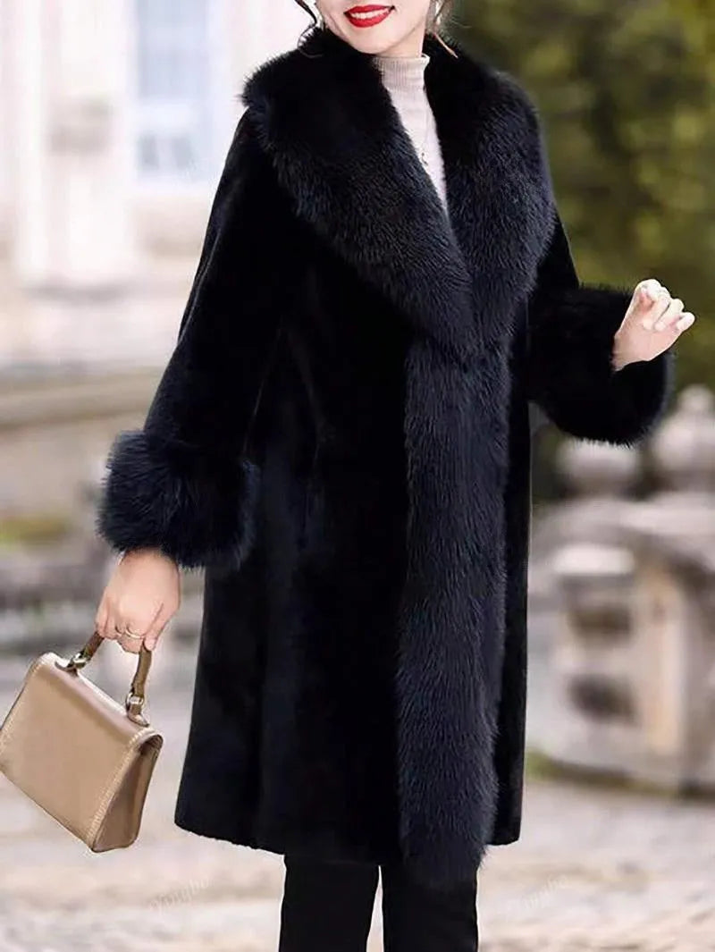Women's thick grey faux rabbit fur mid-length coat with fur collar.