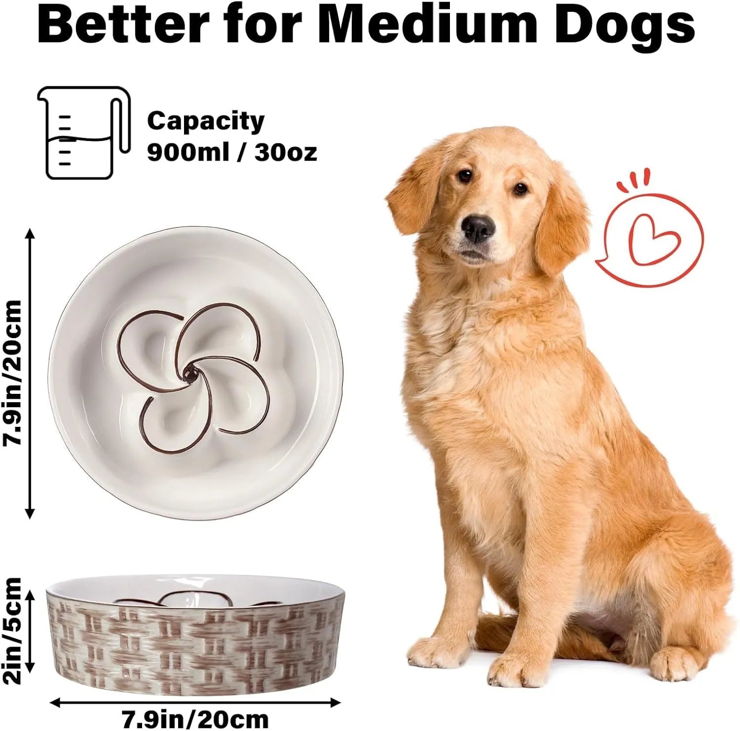Blue ceramic slow feeder dog bowl with raised ridges for medium and large dogs on non-slip base