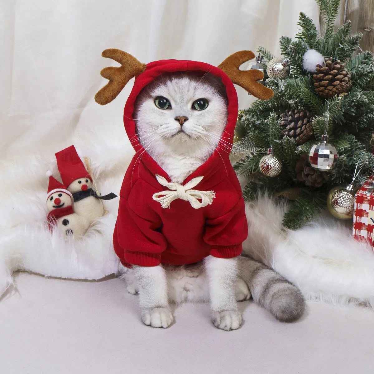 Red polyester cotton elk-themed pet costume for Halloween or Christmas, available in multiple sizes