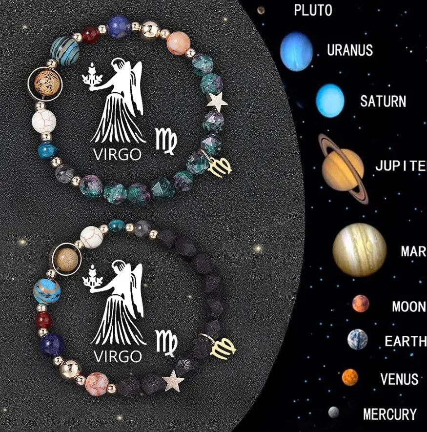 Two natural stone beaded bracelets with zodiac sign charms on a wooden surface.