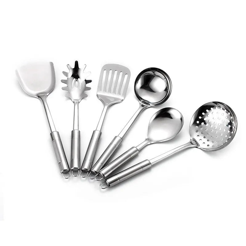 6-piece 201 stainless steel kitchenware set with anti-scalding handles on a kitchen counter