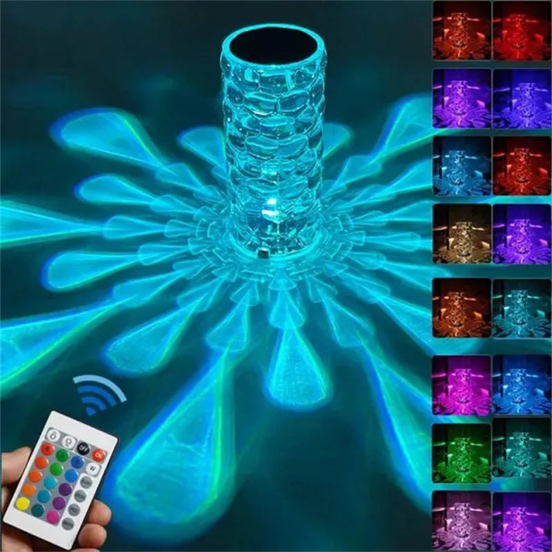 Crystal table lamp rechargeable diamond night light with teardrop acrylic shade on bedside table