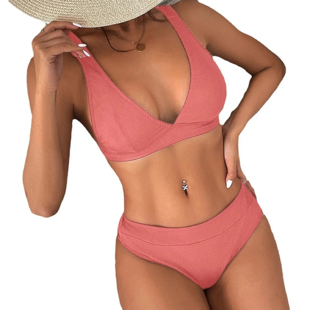 Women's lace-up rib bikini set in multiple colours including black, rose red, and dark green, showing split and high-waist style options.