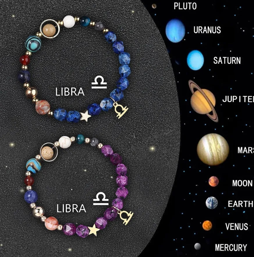 Two adjustable beaded bracelets with natural stone zodiac charms and metal accents on a wrist.