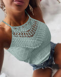 Women's summer sleeveless halter top with lace detail in solid colour, polyester fabric, available in Black, White, Green, Yellow, Pink