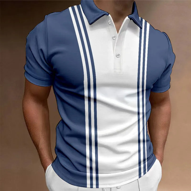 Casual men's 3 button printing lapel T-shirt in loose fit polyester, blue colour, short sleeves