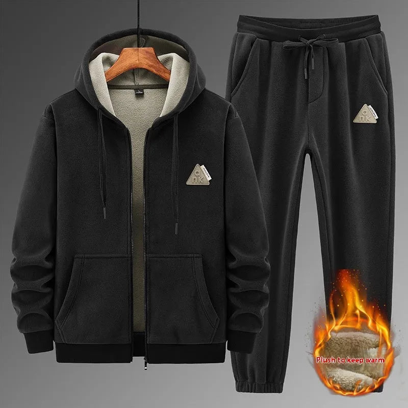 Men's grey cashmere hooded sweater and matching trousers sports suit set on hanger