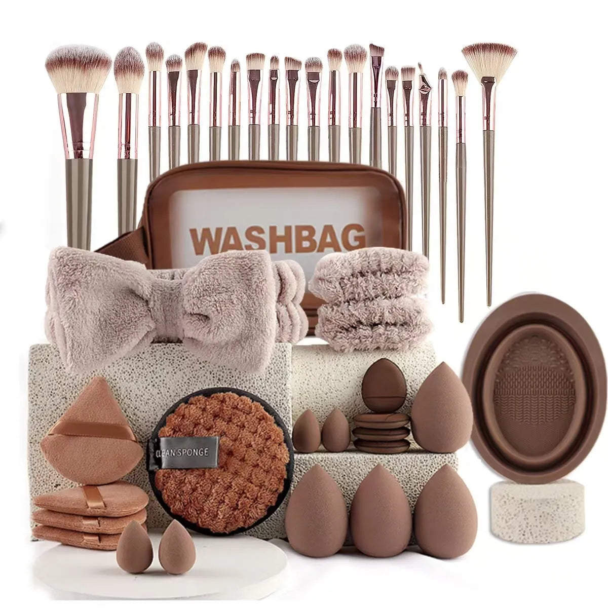 Hydrophilic non-latex beauty brush set with face washing and makeup application tools in brown, pink, or purple colours