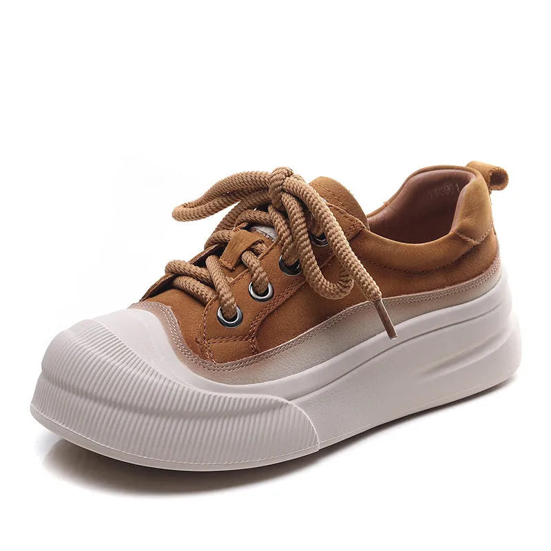 Women's full grain cow leather lace-up casual shoes with round toe in yellow or cameo brown colour