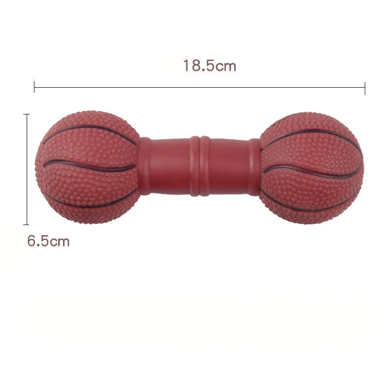 Football dumbbell shaped dog chew toy with squeaker in brown, orange, white, and yellow colour options.