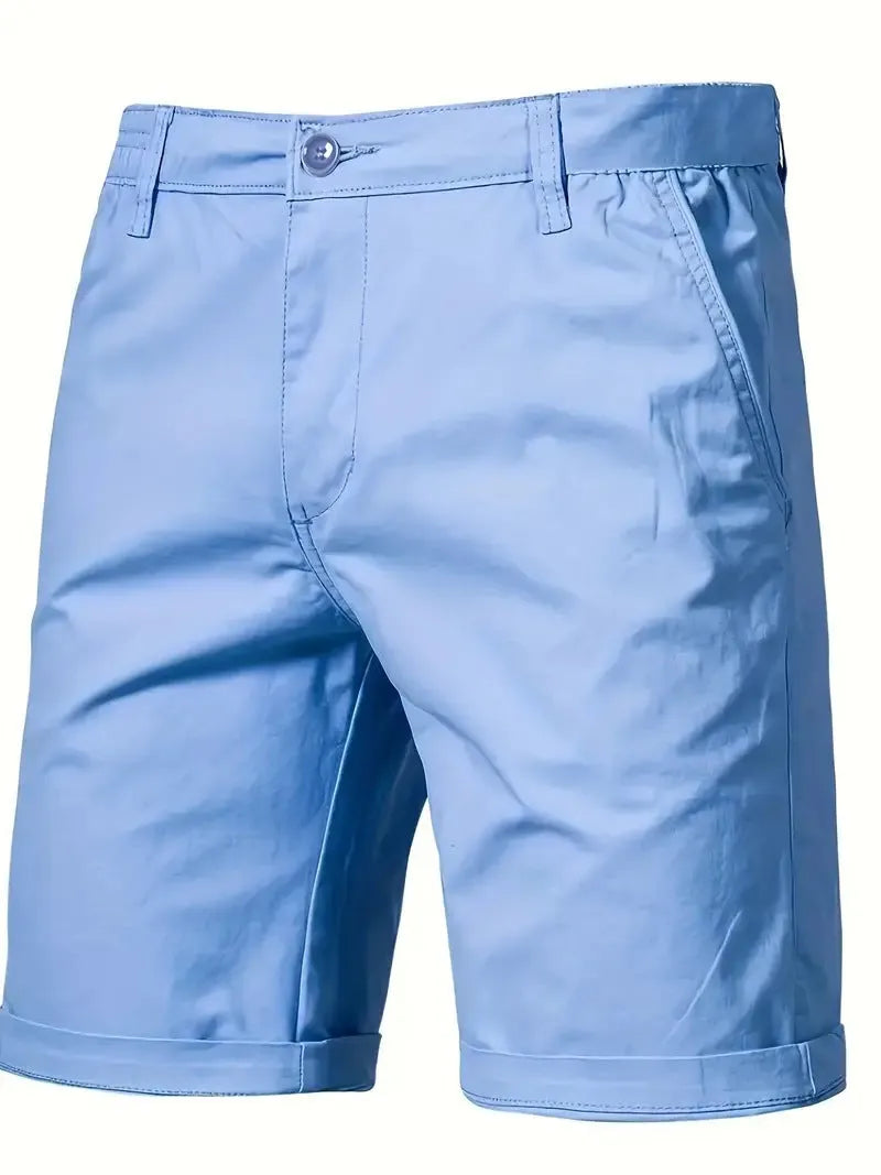 Straight-leg cotton camping shorts in khaki, with zip placket and mid waist, for teenage outdoor leisure