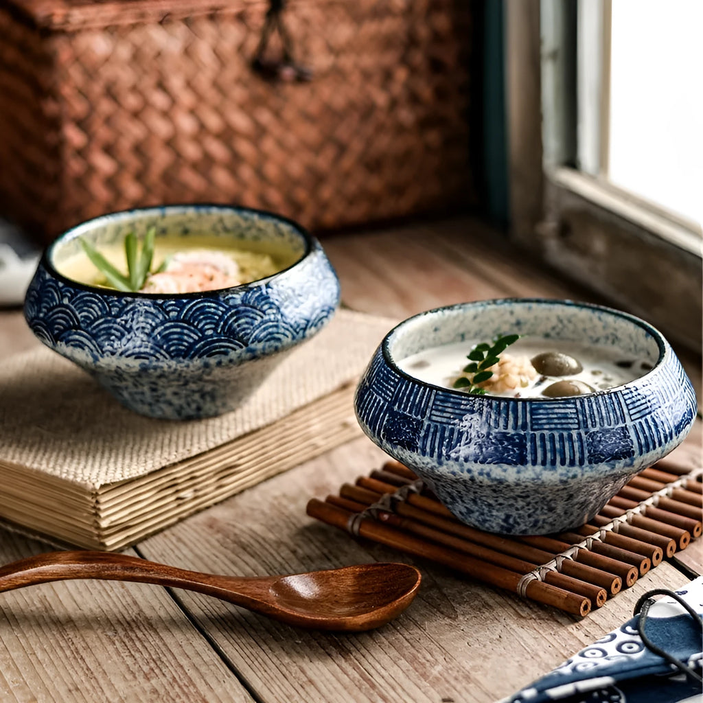 Ceramic Japanese soup bowl in tall design with underglaze pattern