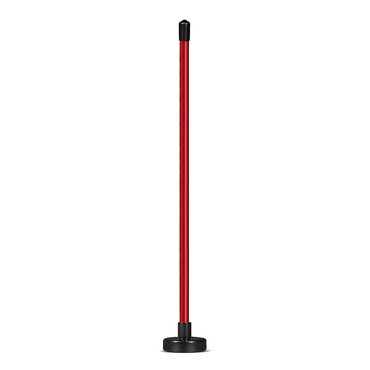 Red aluminium golf swing trainer with magnetic baseball bar alignment system attached to golf club
