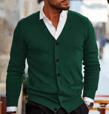 Men's slim fit acrylic cardigan sweater coat in dark grey, shown open over a t-shirt.