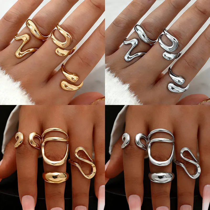 Geometric open ring set in gold and silver electroplated metal, two styles, for women