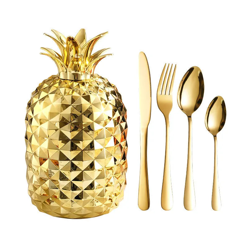 Fashion stainless steel 24-piece tableware set with mirror polish and pineapple egg design in gold finish on a dining table