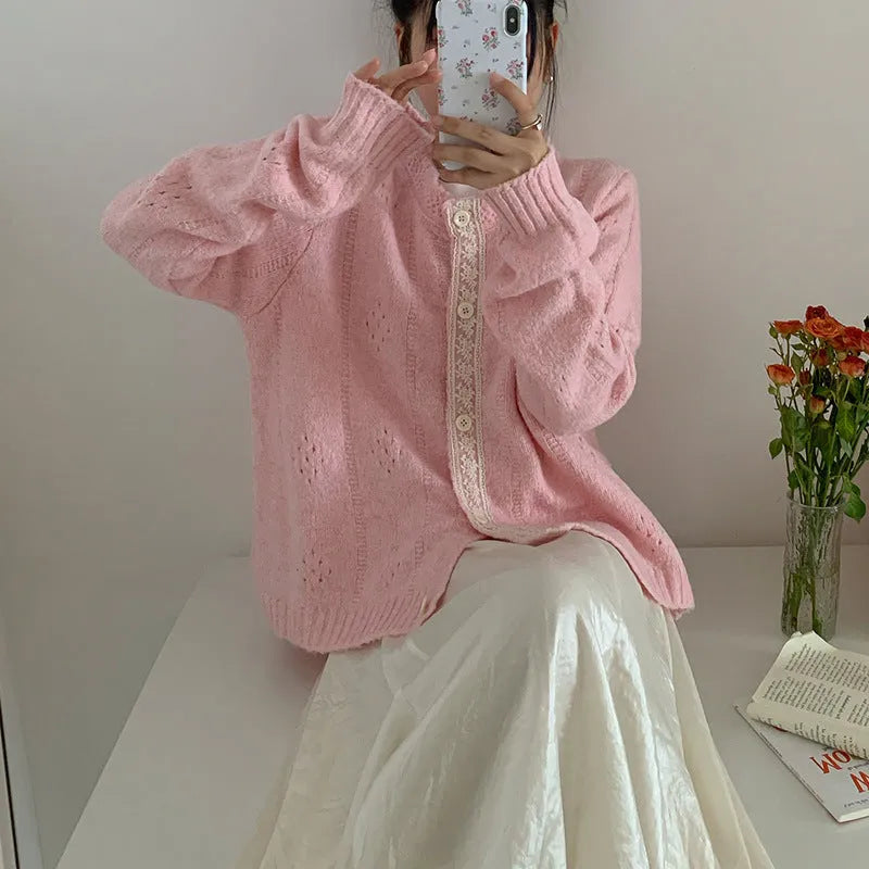 Artistic retro loose knitwear cardigan coat in apricot, green, pink, or light grey colour.