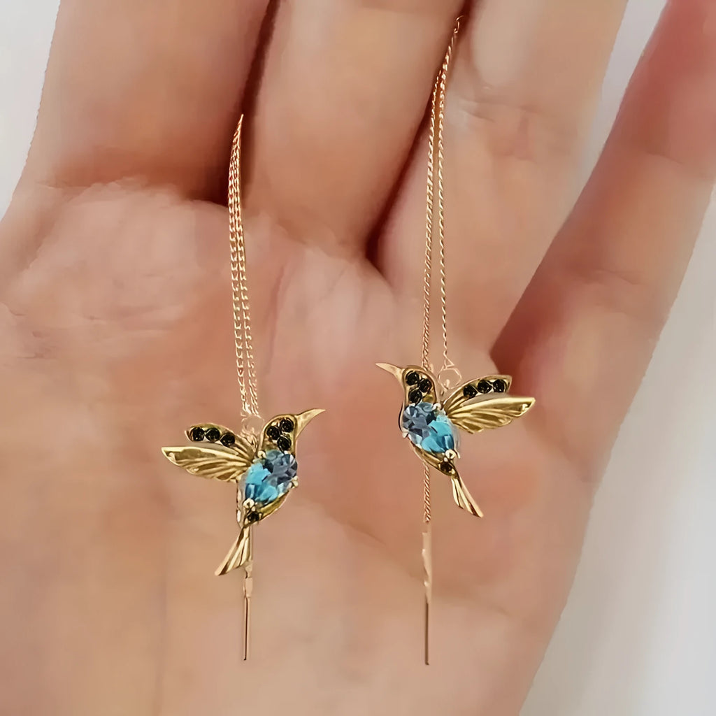 Personalised long drop bird earrings for women in alloy with mixed zirconium wings.