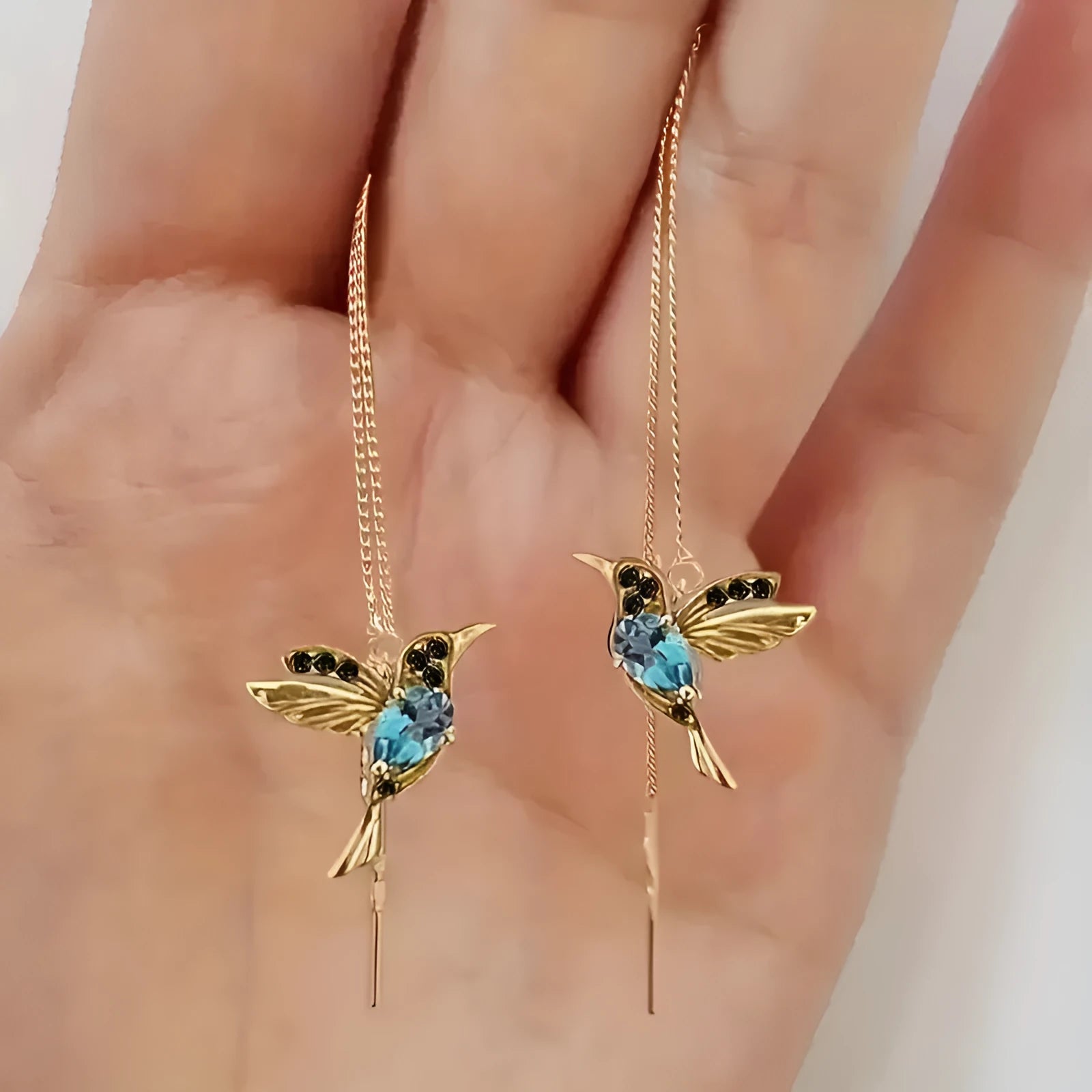 Personalised long drop bird earrings for women in alloy with mixed zirconium wings.