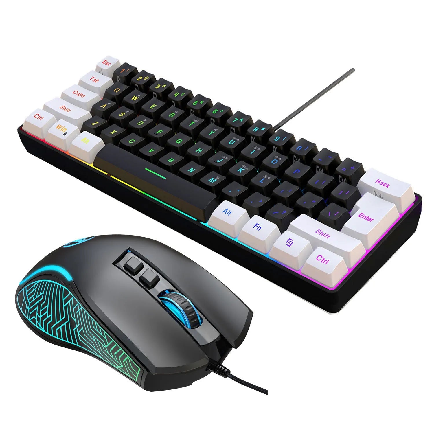 Simple wired white and black 61-key membrane keyboard with a USB cable on a desk