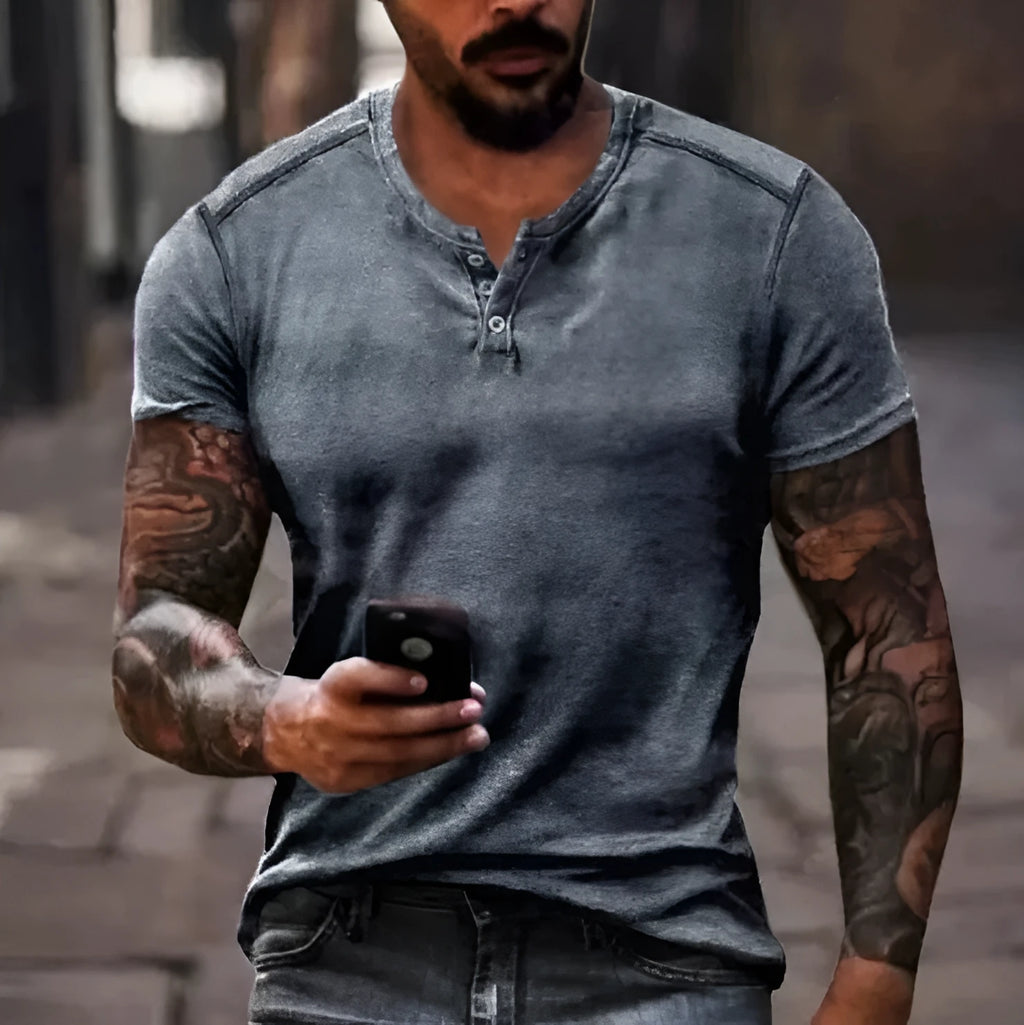 Men's simple lapel button short sleeve sport shirt in polyester fabric on a model.