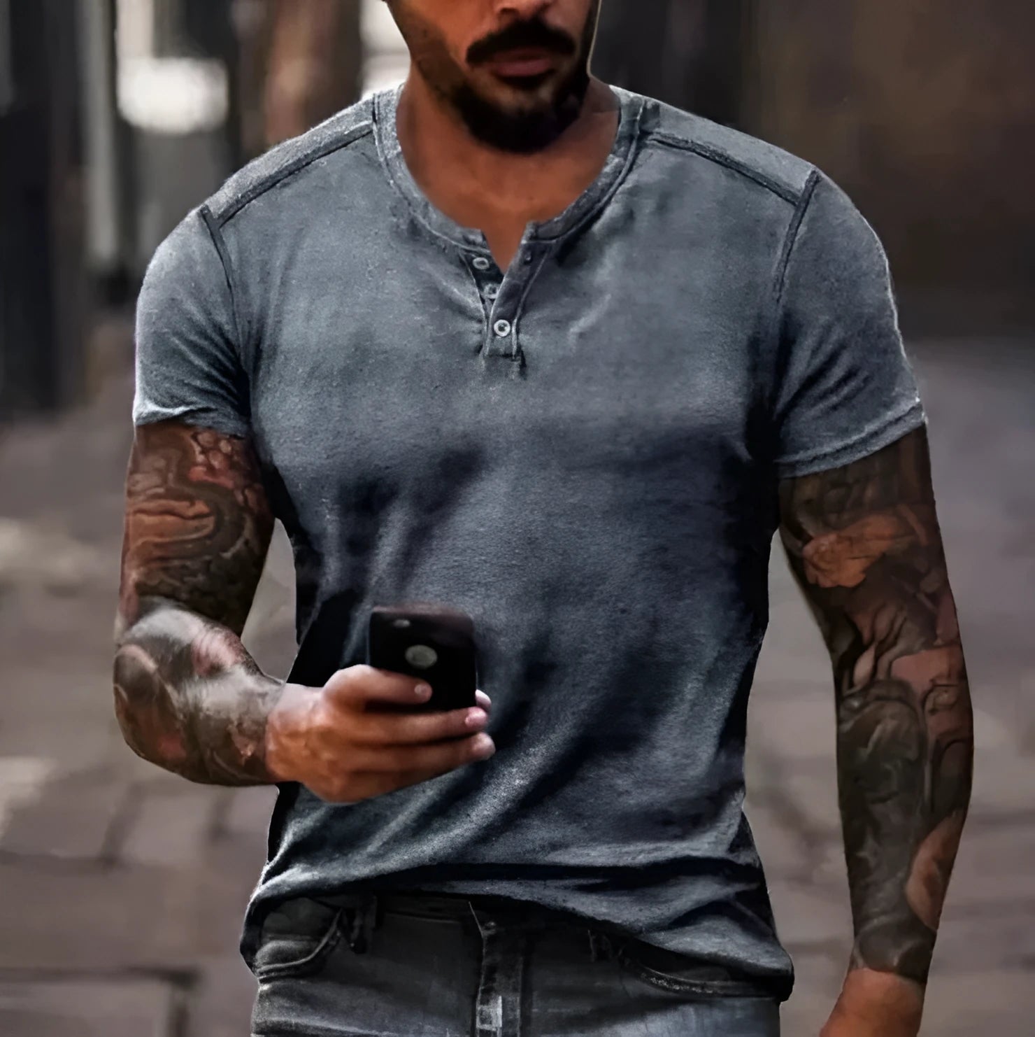 Men's simple lapel button short sleeve sport shirt in polyester fabric on a model.