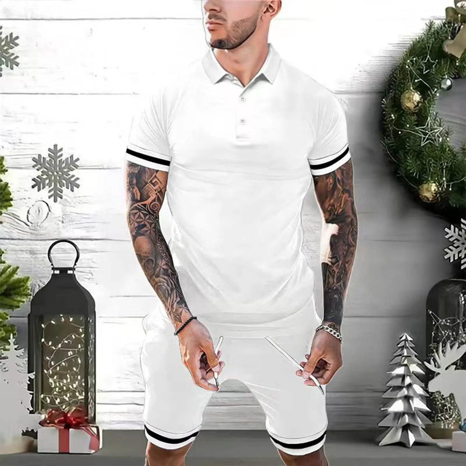 Men's polyester casual short set with polo shirt and shorts in navy blue, shown flat on a white background