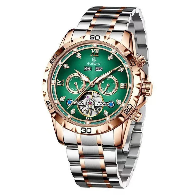 Men's automatic mechanical business watch with stainless steel strap and mineral glass face in multiple colour options