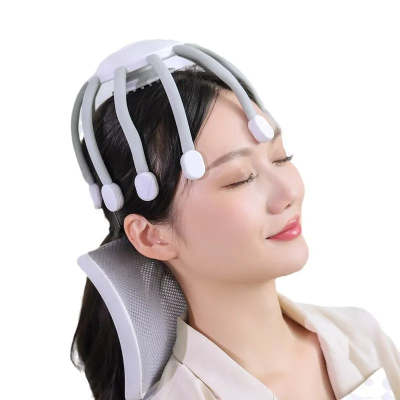 Black and white head massagers with multiple claws and USB cable for charging.