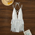 White deep V-neck one-piece swimsuit with tassel detailing on mannequin